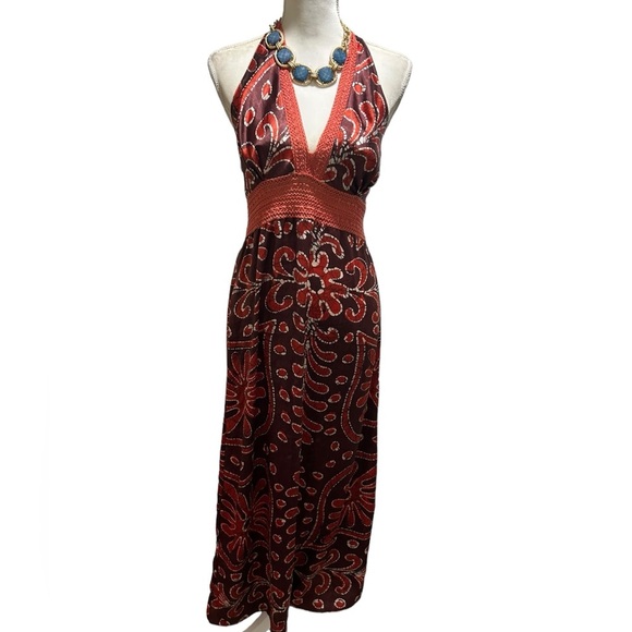 Uluwatu bohemian halter maxi dress | brown silky crochet dress | size medium - Picture 2 of 9